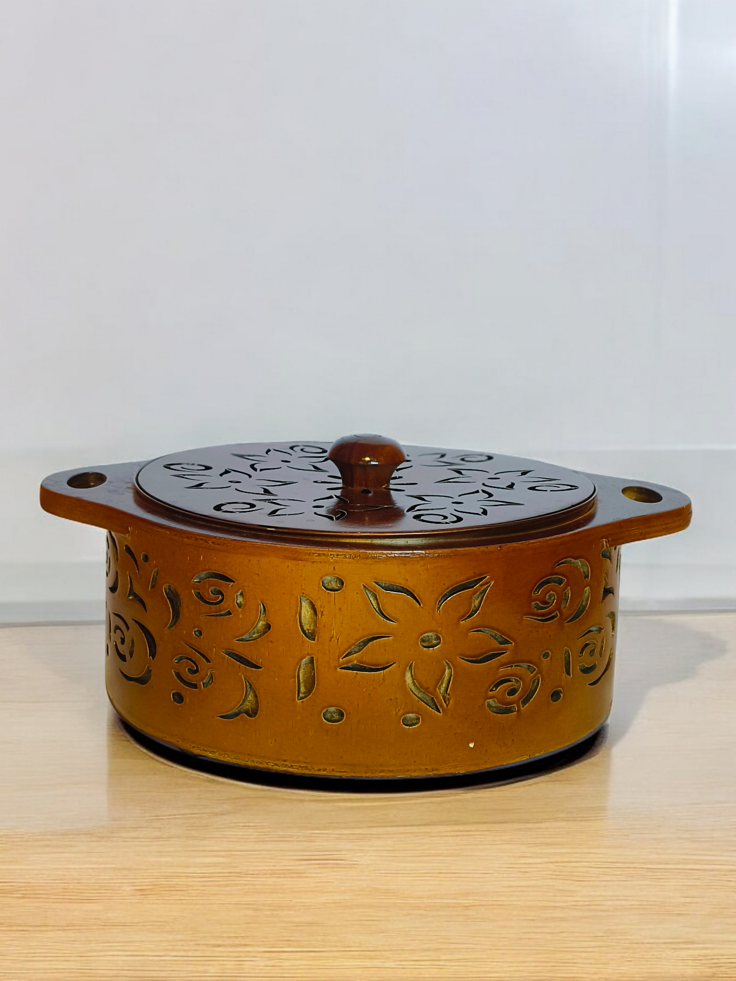 Stainless Bowl Inside Handcrafted Wooden Casserole/Roti Box/Chapati Hotpot