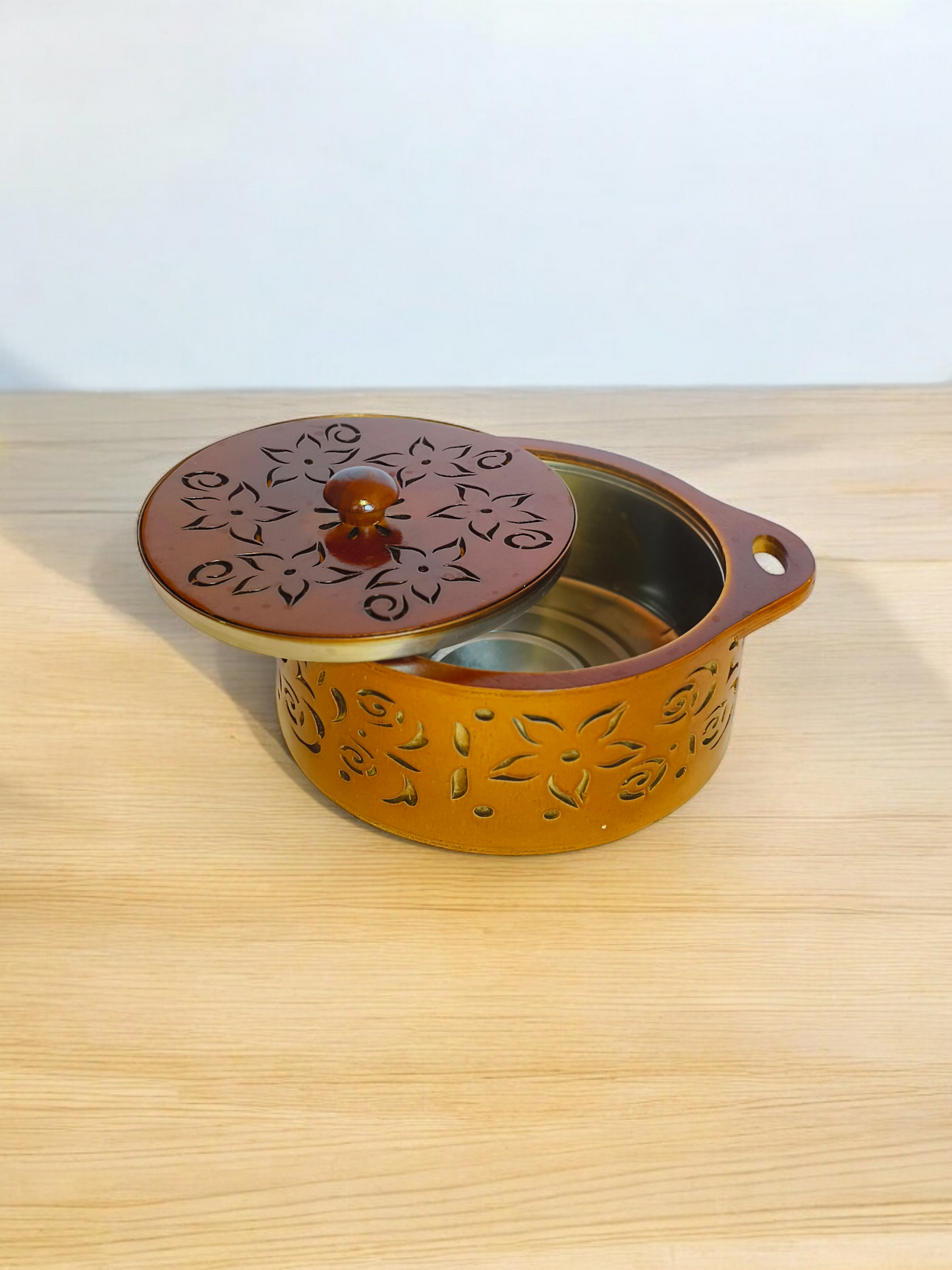 Stainless Bowl Inside Handcrafted Wooden Casserole/Roti Box/Chapati Hotpot