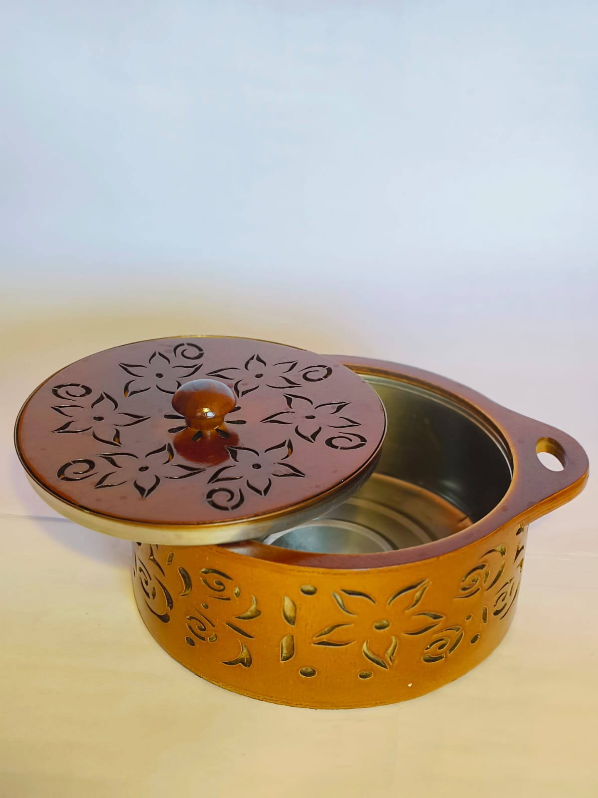 Stainless Bowl Inside Handcrafted Wooden Casserole/Roti Box/Chapati Hotpot